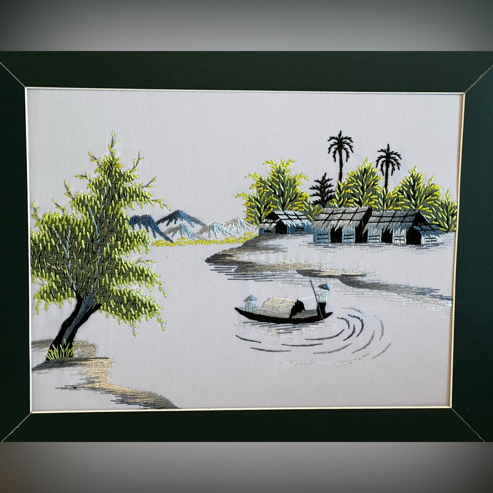 Vietnamese Hand Embroidered Silk Art Framed Still Life Landscape 9.5” X 7” - Picture 2 of 15